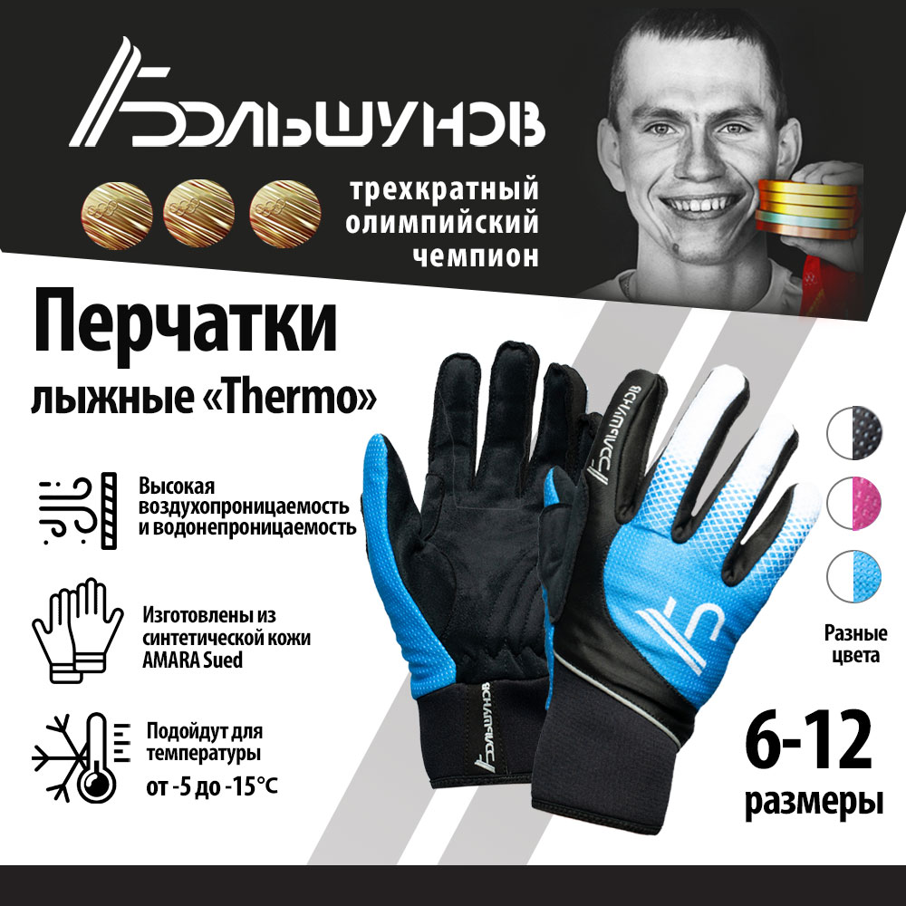 Перчатки лыжные Thermo Александр Большунов, черно-синие, размер 9