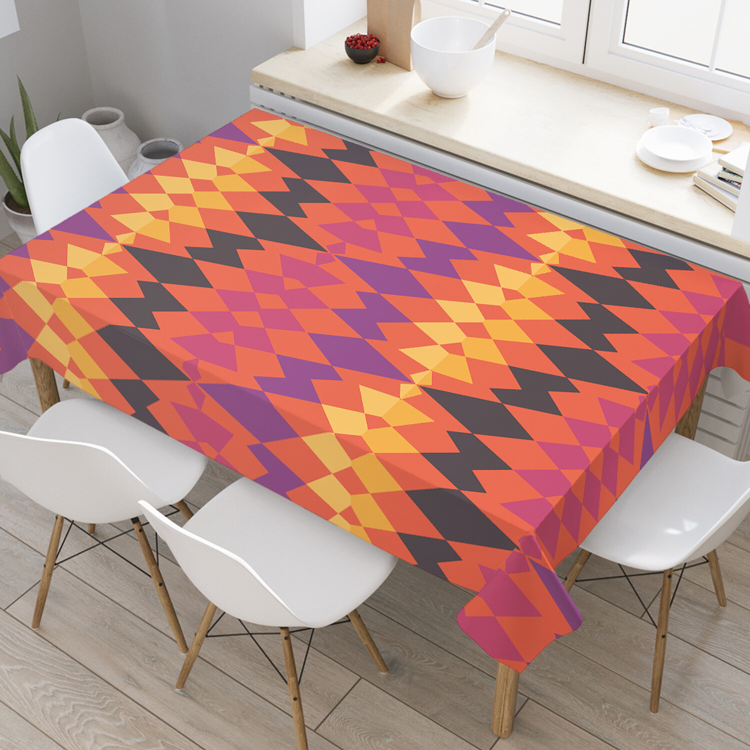

Скатерть прямоугольная на стол JoyArty Цветной узор из ромбов из оксфорда 120x145 см, Оранжевый, Цветной узор из ромбов