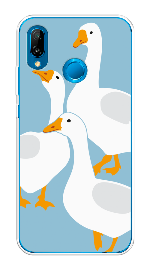 

Чехол на Huawei P20 Lite/Nova 3E "Гусиное трио", Голубой;белый;серый;желтый, 64450-1