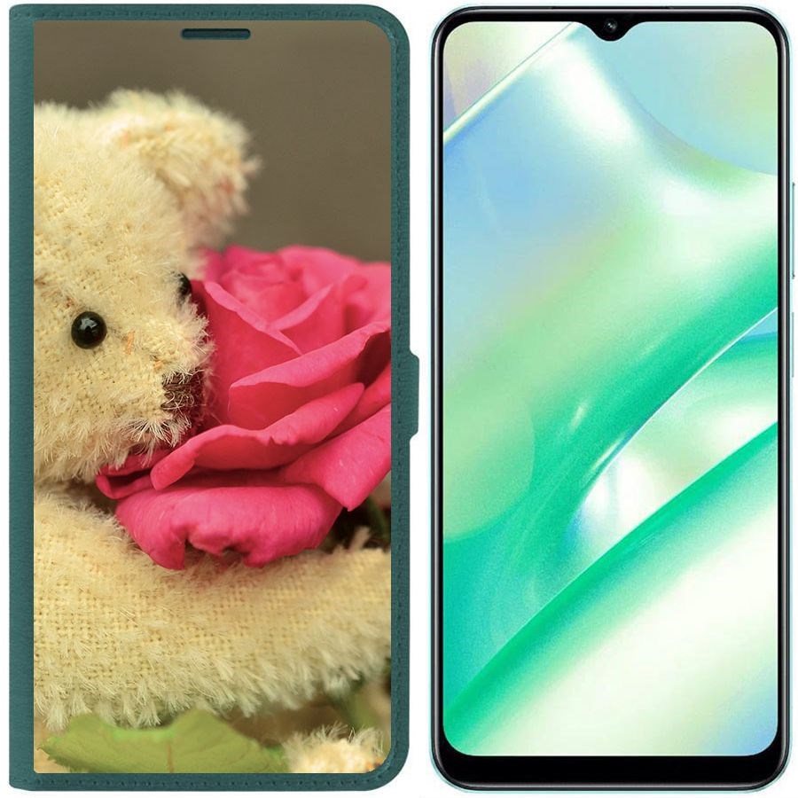 

Чехол-книжка Krutoff Eco Book для Realme C33 Медвежонок с розой (зелёный опал), Зеленый