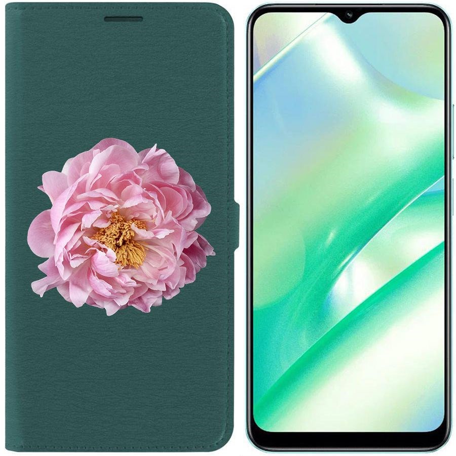 

Чехол-книжка Krutoff Eco Book для Realme C33 Розовый пион (зелёный опал), Зеленый