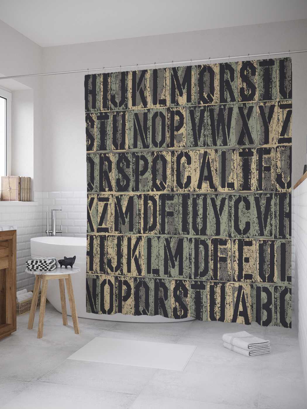 фото Штора для ванной joyarty "гравировка алфавита" из сатена, 180х200 см с крючками
