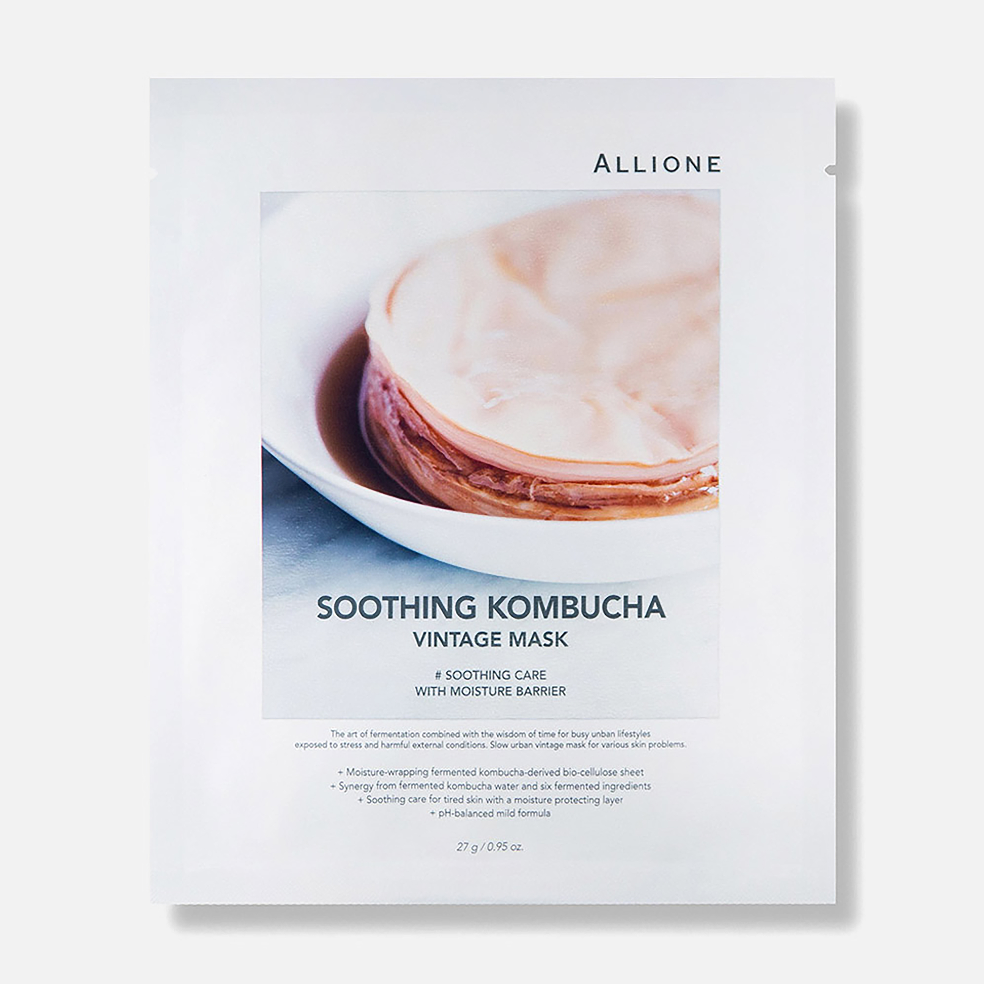 

Маска для лица Allione Soothing Kombucha успокаивающая, винтажная, тканевая 27 г