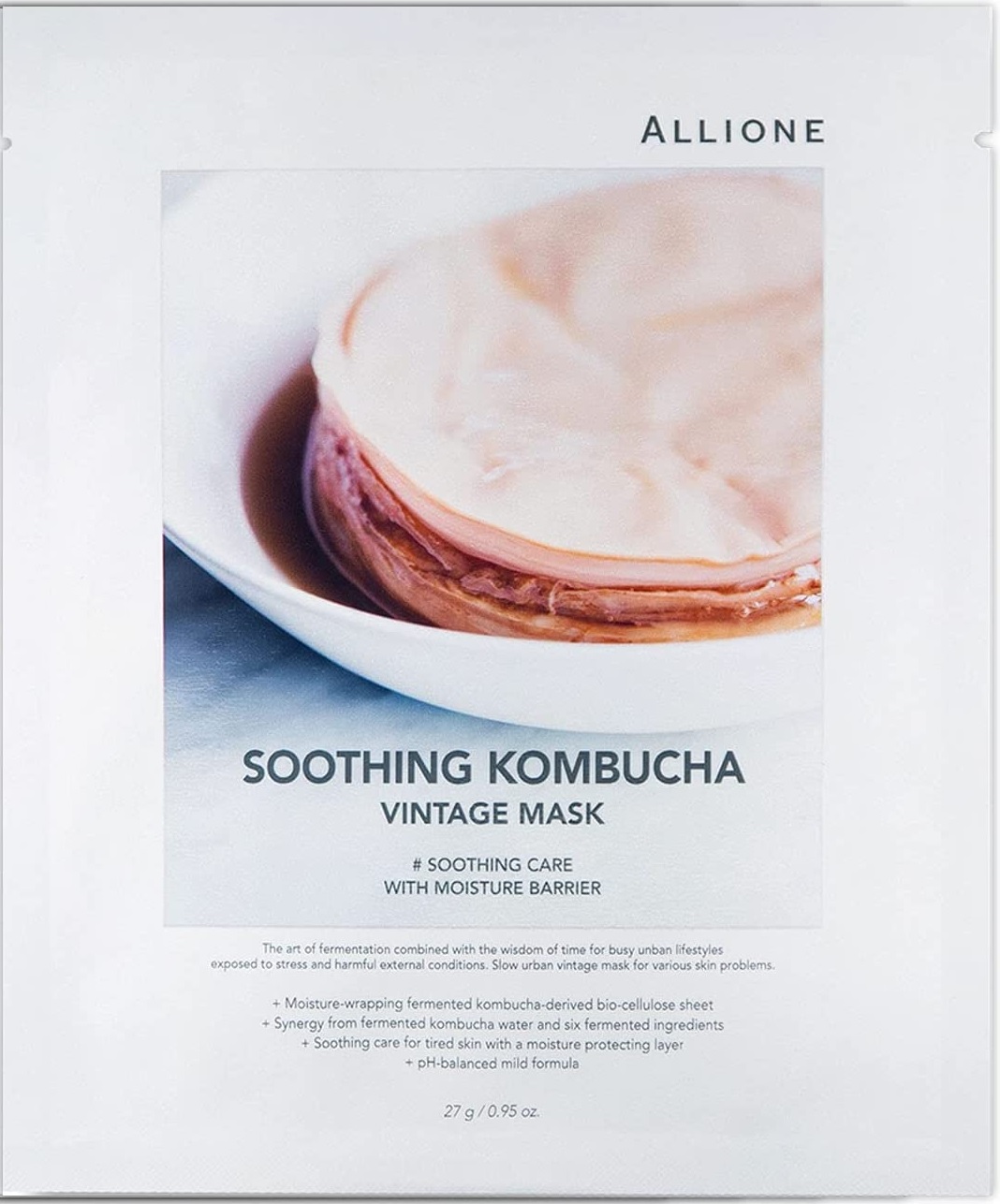 Маска для лица Allione Soothing Kombucha успокаивающая, винтажная, тканевая, 27 г крем для лица увлажняющий с комбучей medi peel hyal kombucha tea tox cream 50 мл