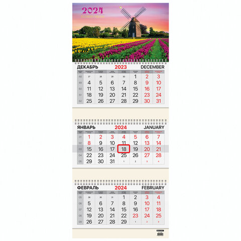 Календарь квартальный на 2024г 3 блока 3 гребня с бегунком мелбум Tulips BRAUBERG 115295
