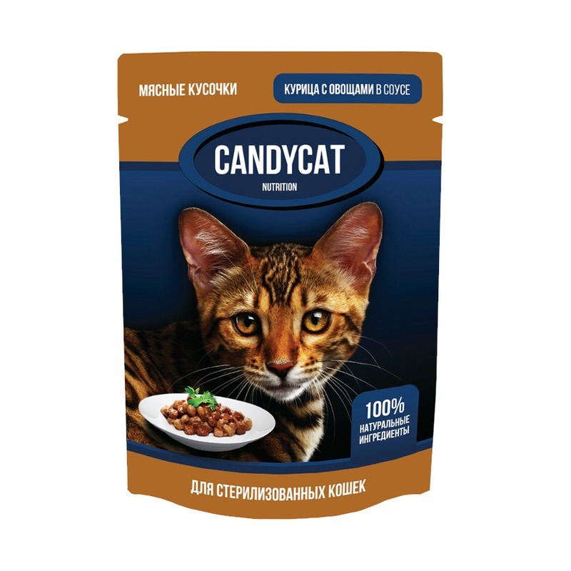 Корм влажный Candycat для стерилизованных кошек, курица с овощами, в соусе, 85 г