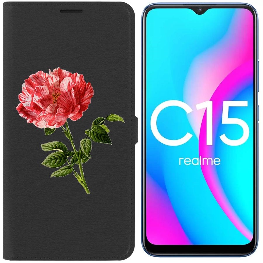 Чехол-книжка Krutoff Eco Book для Realme C15 Рисованная роза (черный)