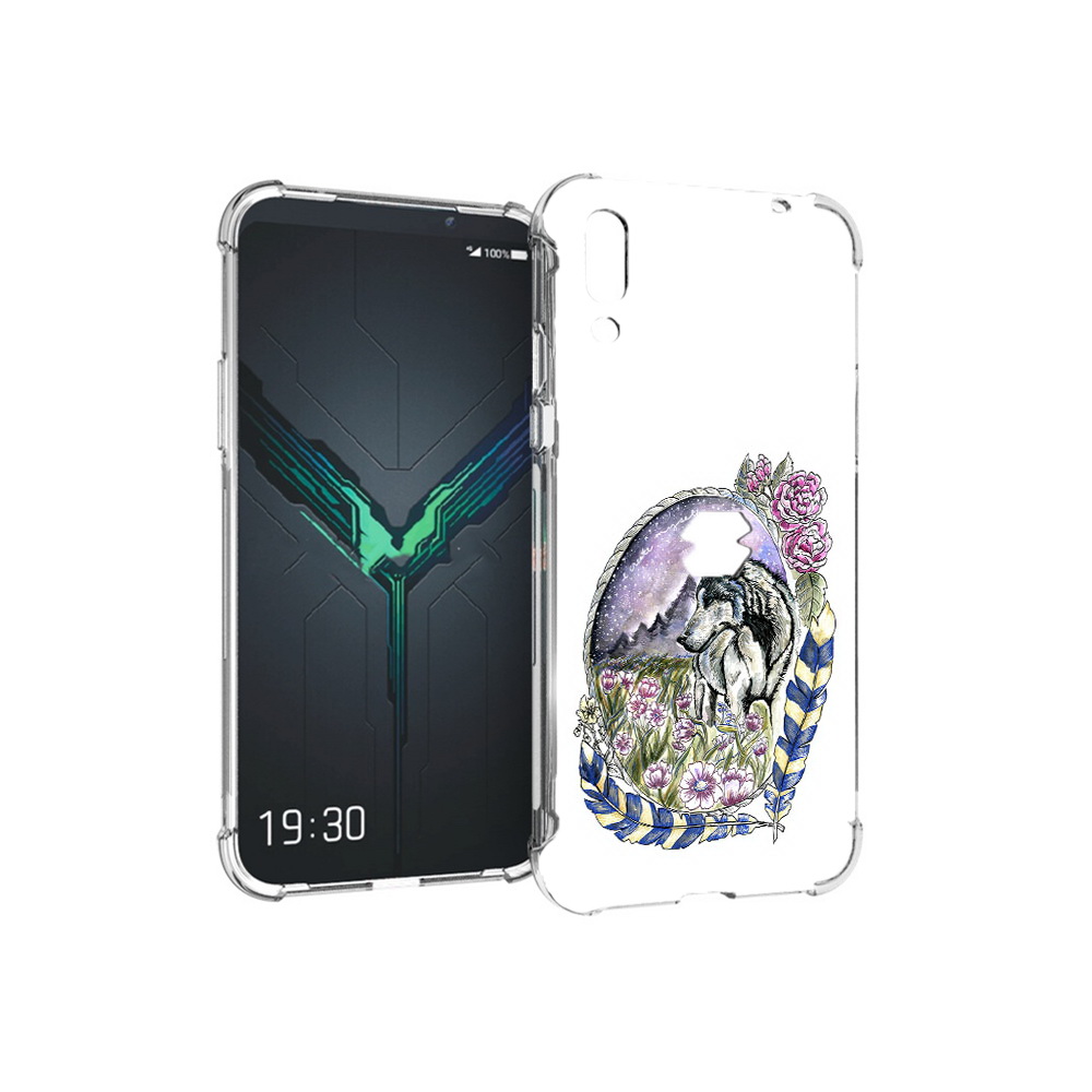 

Чехол MyPads Tocco для Xiaomi Black Shark 2 нарисованный волк в цветах с перьями, Прозрачный, Tocco