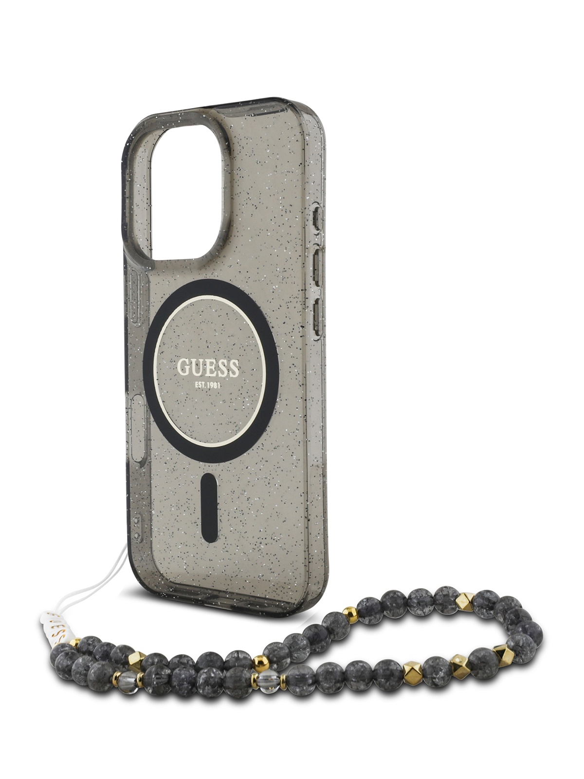 

Чехол Guess для iPhone 16 Pro MagSafe с эффектом блеска и ремешком на руку, черный