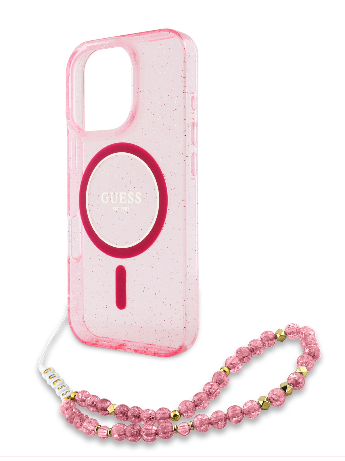 

Чехол Guess для iPhone 16 Pro MagSafe с эффектом блеска и ремешком на руку, розовый