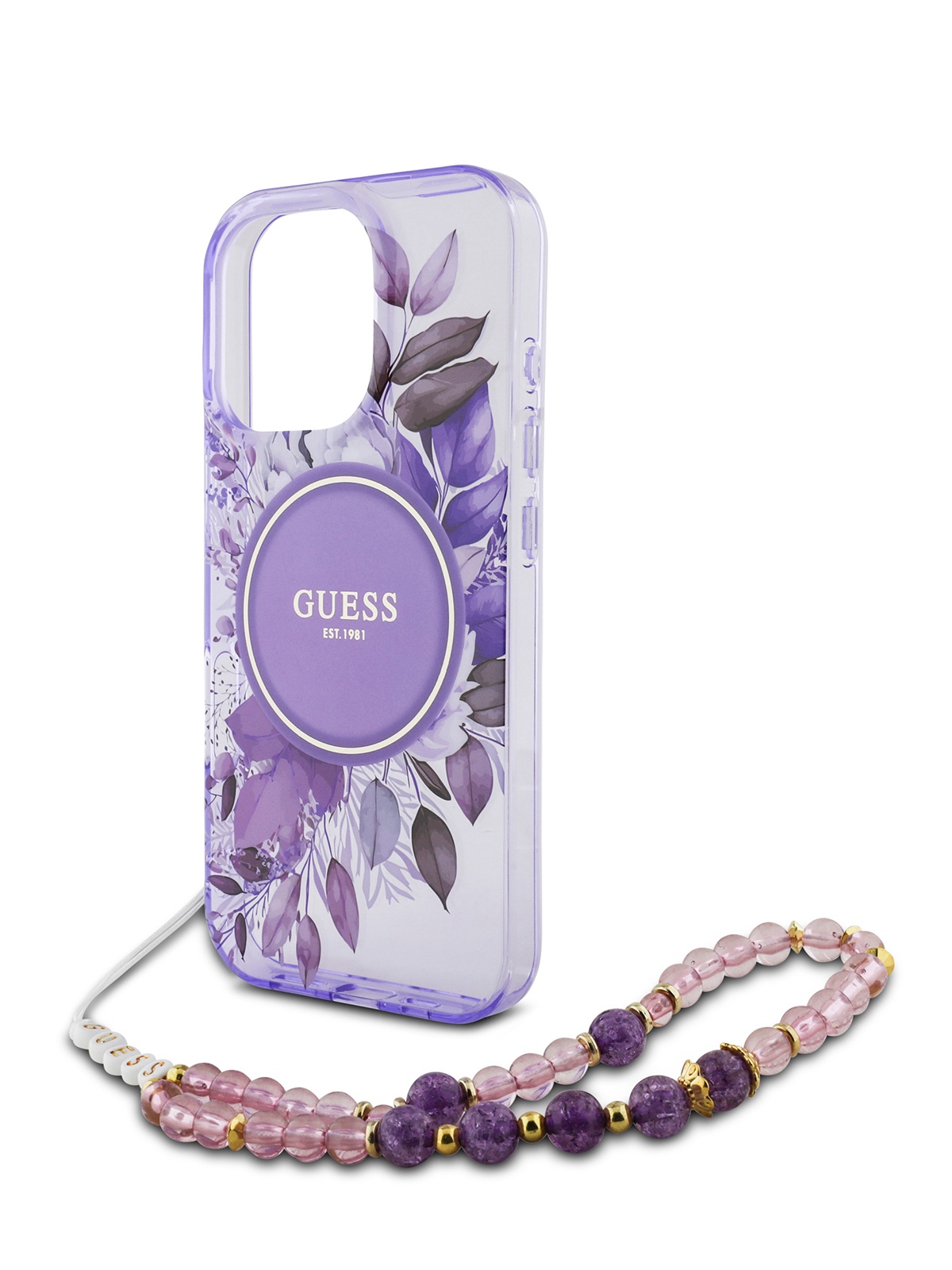 

Чехол Guess для iPhone 16 Pro Max с MagSafe и ремешком на руку, фиолетовый