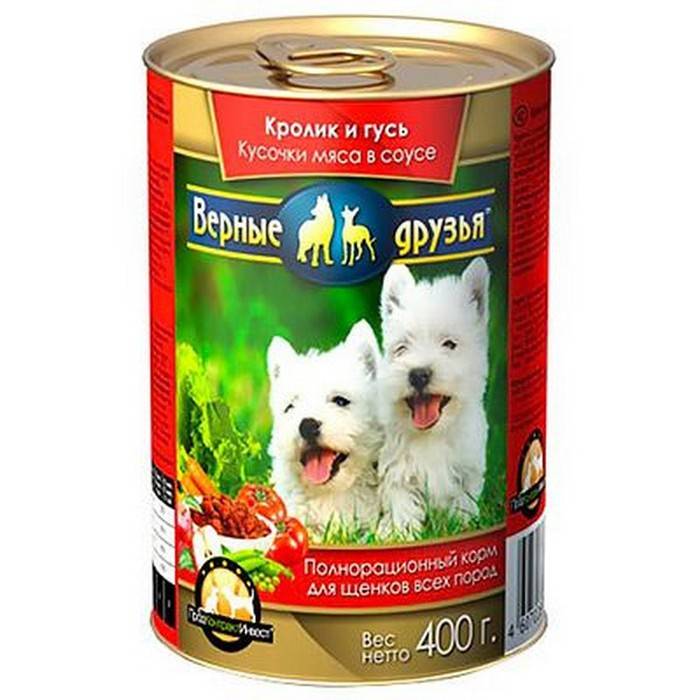 Влажный корм для щенков Верные друзья консервированный кролик и гусь 400 г
