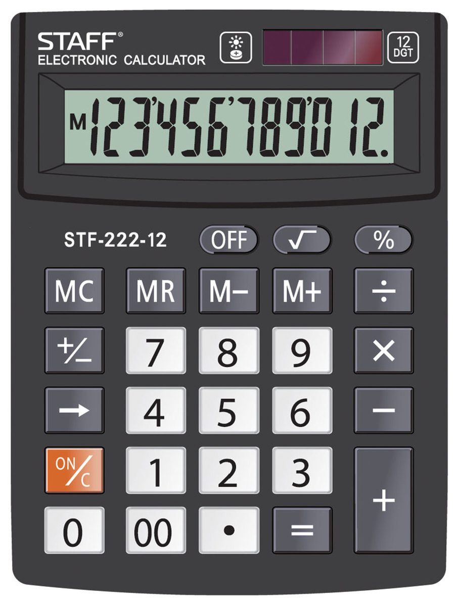 Калькулятор Staff PLUS настольный STF-222, 12 разрядов, двойное питание, 138x103 мм