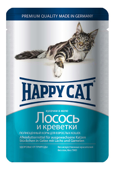 фото Влажный корм для кошек happy cat, с лососем и креветками, 100г