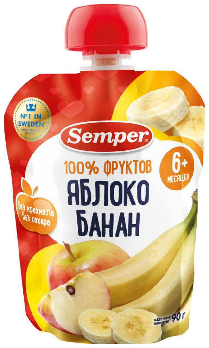 Купить Яблоко и банан пауч, Пюре фруктовое Semper Яблоко и банан с 6 мес. 90 г, 1 шт.,