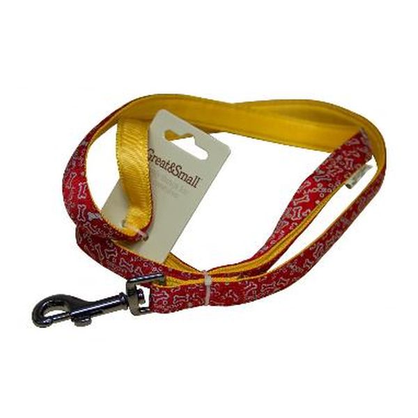Поводок для собак GREAT&SMALL с принтом косточки, 20х1200мм, нейлон красный