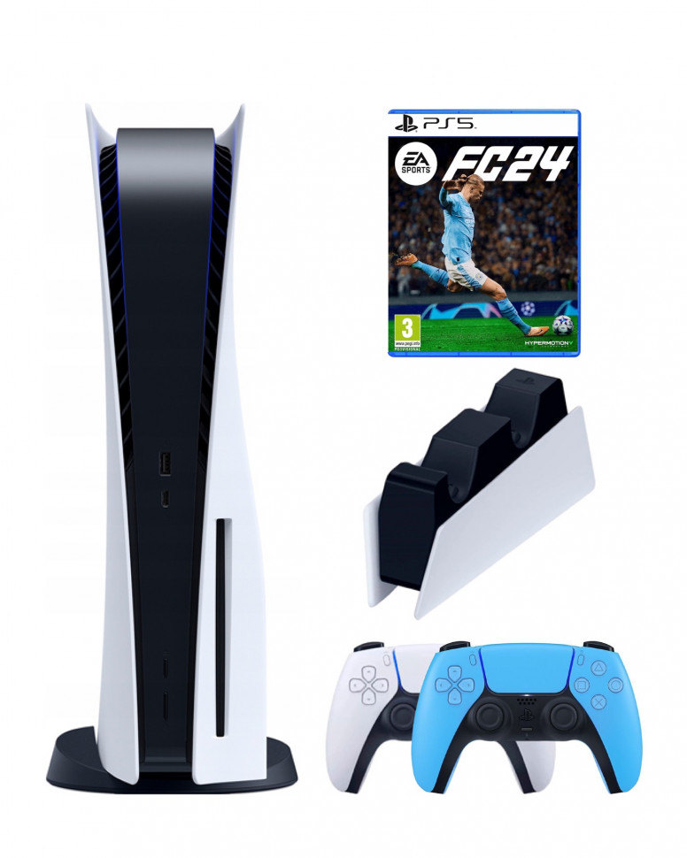 

Приставка Sony PlayStation 5+2-ой геймпад(синий)зарядное FC24 (диск), Белый;черный