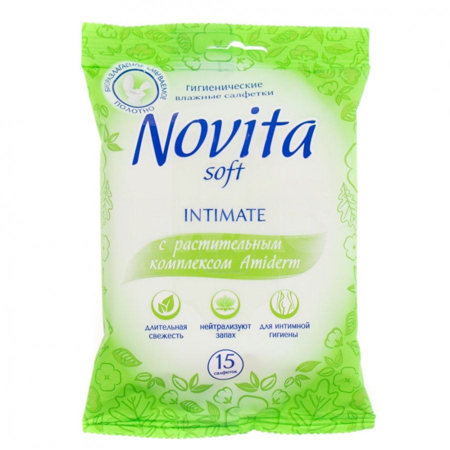 фото Влажные салфетки novita soft intimate amiderm с растительным комплексом 15 шт