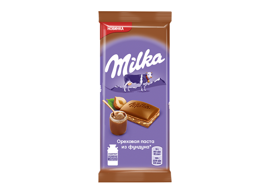 Шоколад Milka молочный с добавлением ореховой пасты из фундука и с дробленым фундуком 90 г