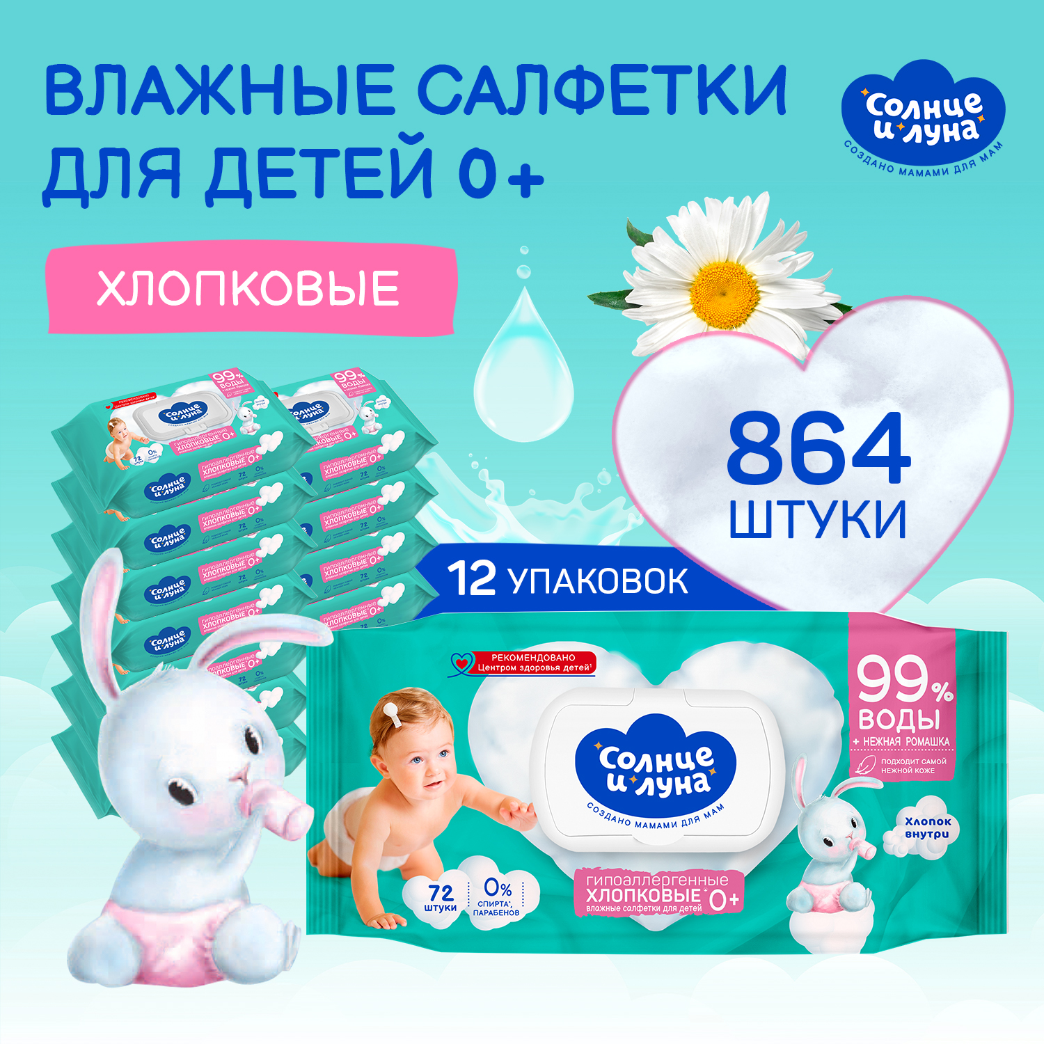 Влажные Салфетки Детские Солнце И Луна Eco 0+ Хлопковые Ромашка И Хлопковое Молочко