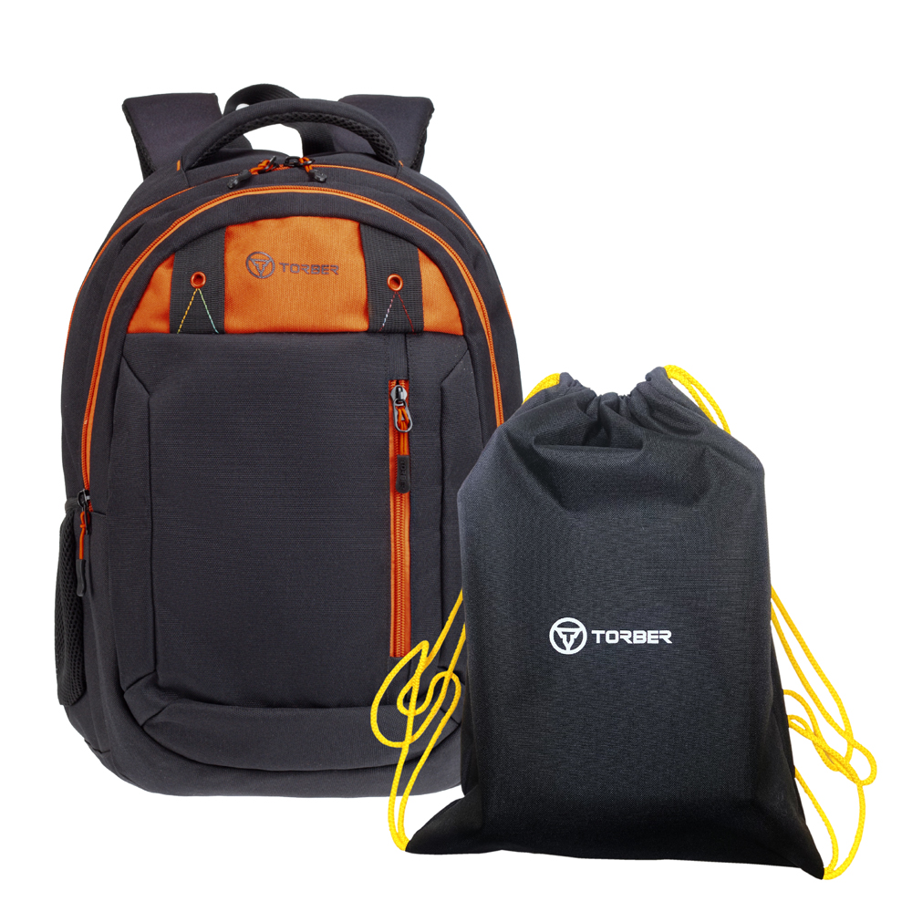 Школьный рюкзак Torber CLASS X оранжевый с мешком для сменной обуви, T5220-22-BLK-RED-M