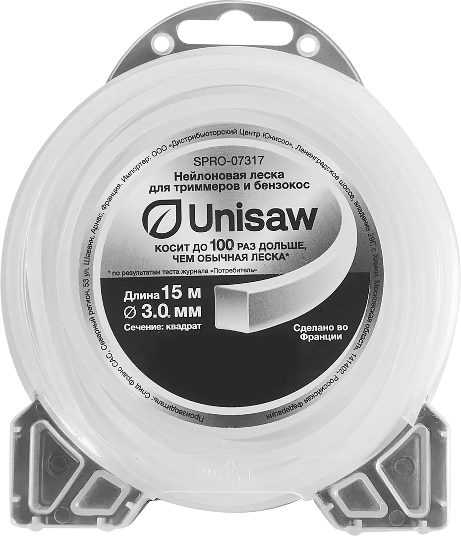 

Леска для триммера Unisaw 3.0 мм 15 м квадрат, Белый