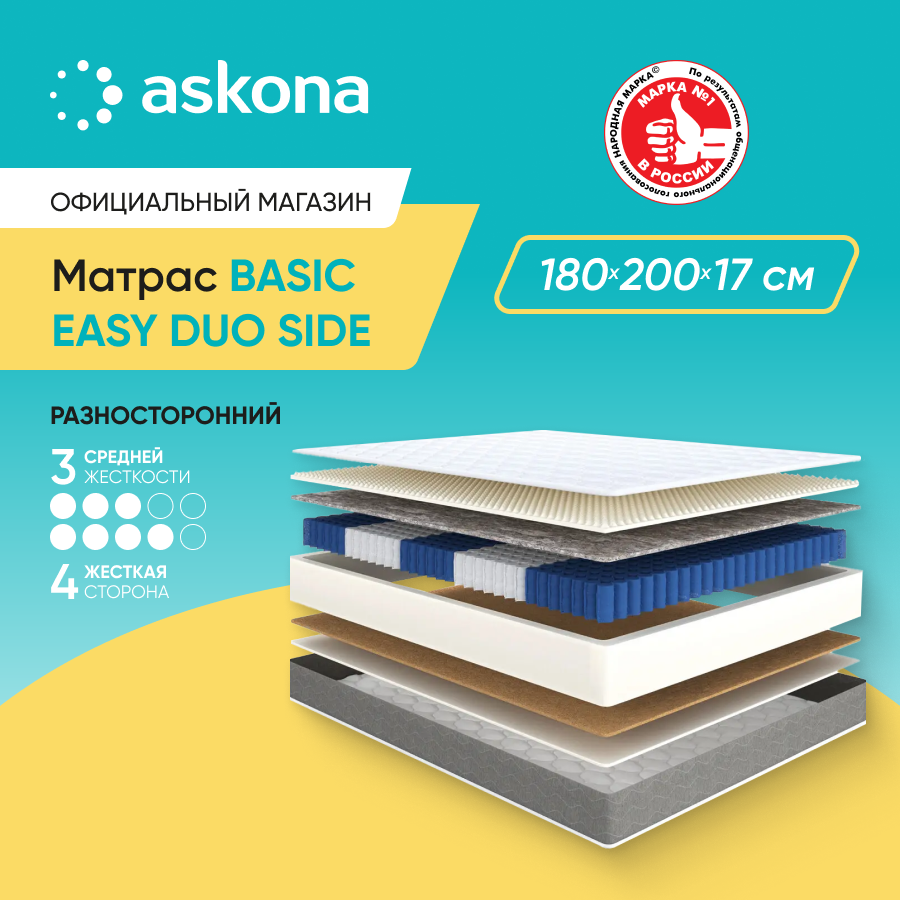

Матрас анатомический Аскона Basic Easy Duo Side 180x200, Белый, Easy Duo Side