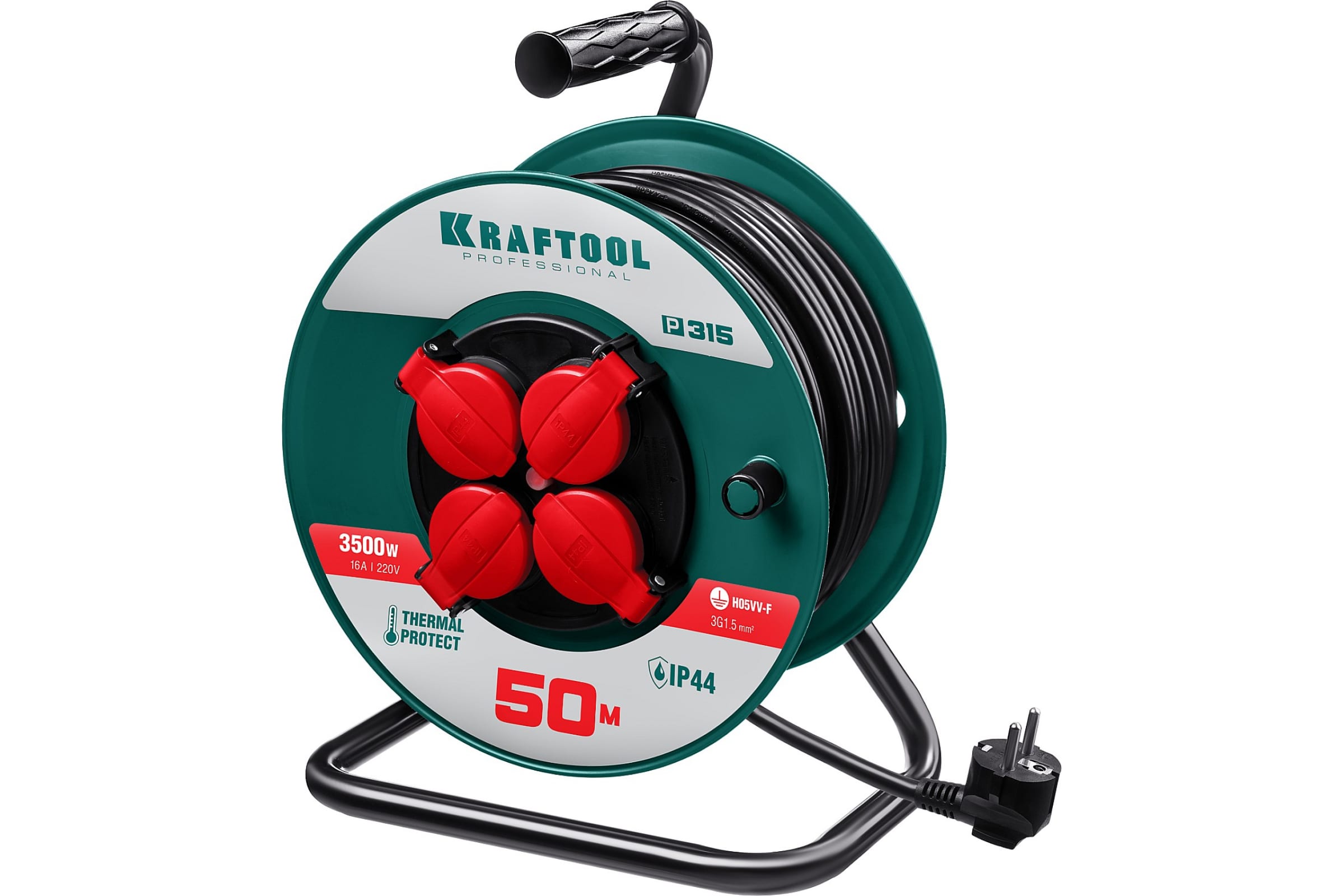 

Удлинитель на катушке KRAFTOOL P-315, 50м, 3500Вт, 4 гнезда, IP44, ПВС 3х1.5мм2, 55084-50