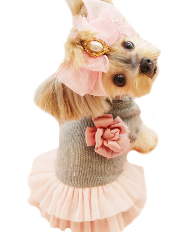 Платье для собак Gelvshi с брошкой-цветок, серо-розовое, размер XS