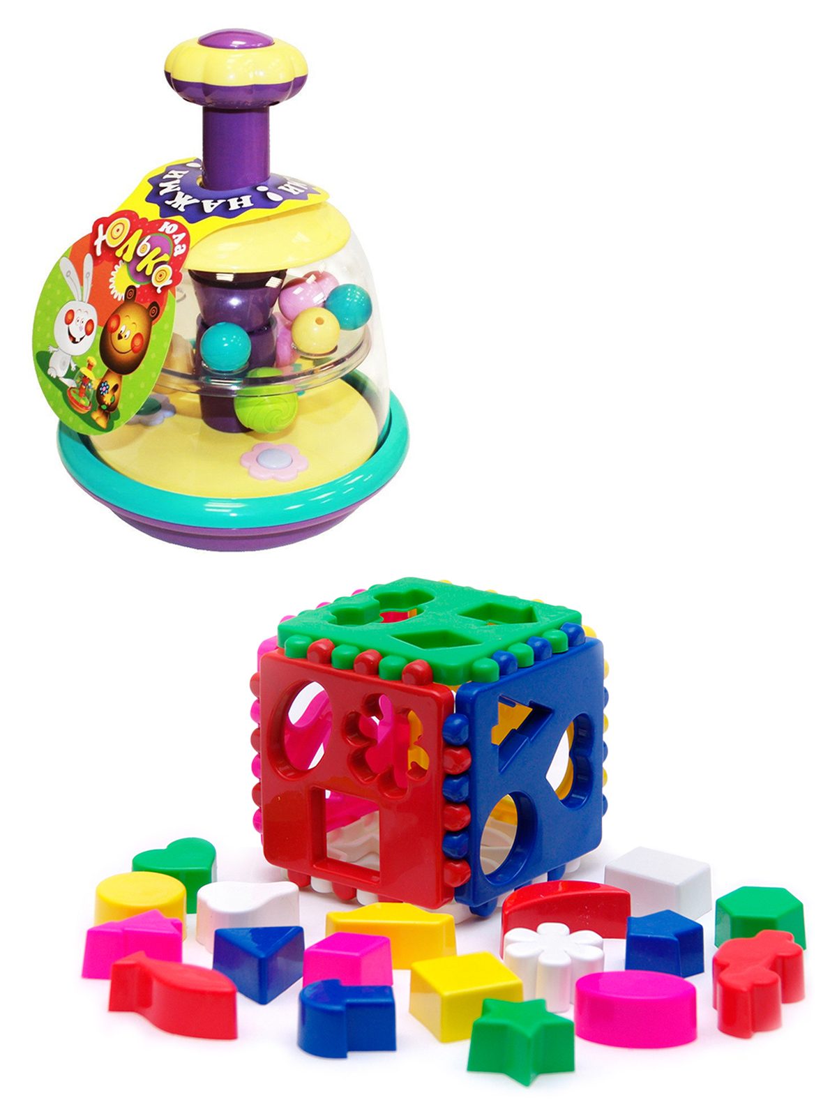 Развивающие игрушки Биплант Юла Юлька пастельные цвета + Сортер Кубик логический большой