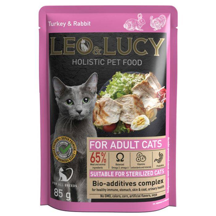 Влажный корм для кошек Leo&Lucy Holistic Steril кусочки с индейкой и кроликом 85 г