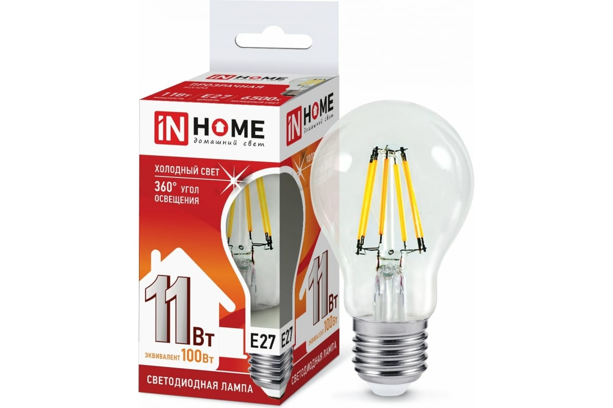 

Лампа светодиодная IN HOME LED-A60-deco, 11 Вт, 230 В, Е27, 6500 К, 1160 Лм, прозрачная