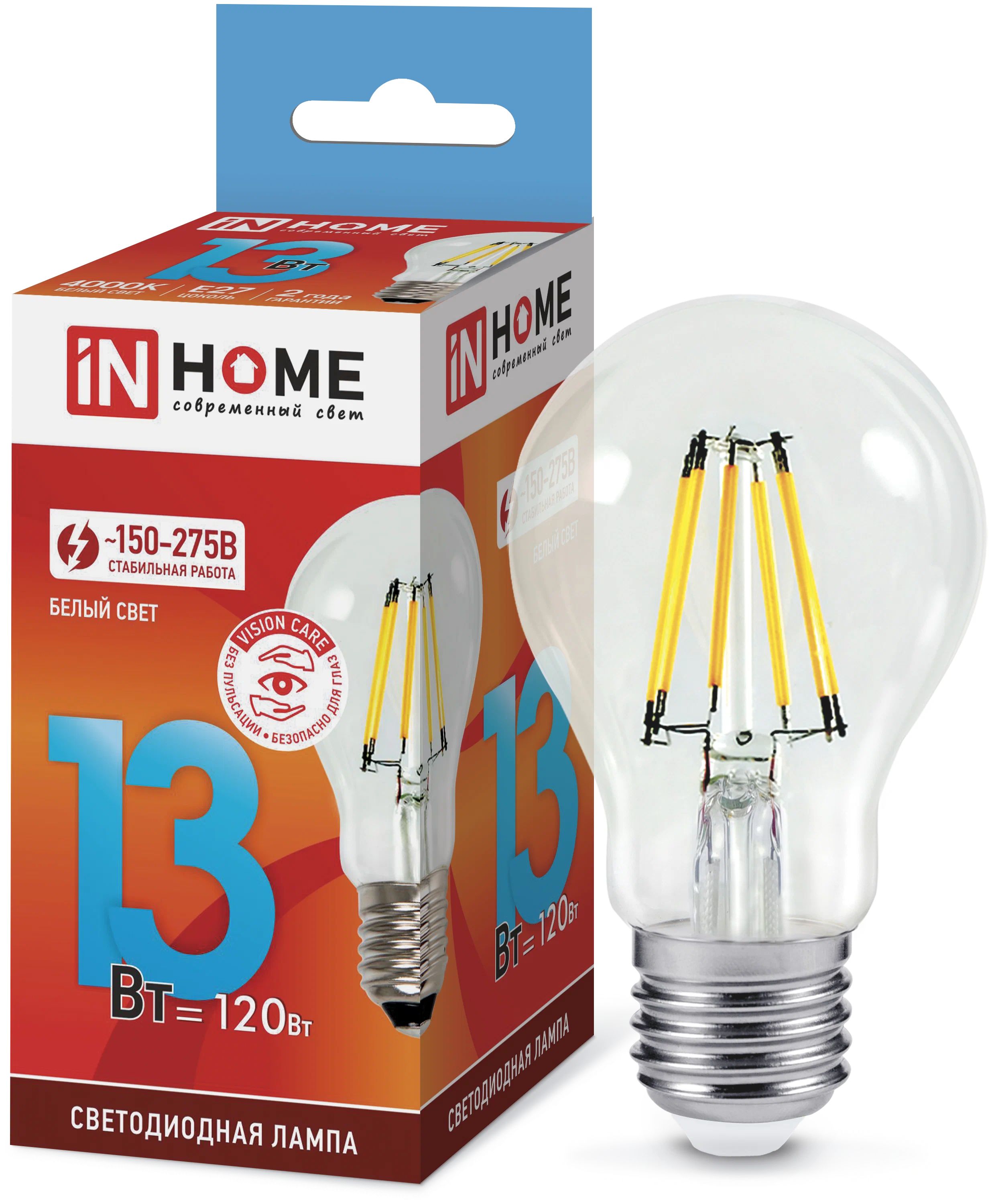 

Лампа светодиодная IN HOME LED-A60-deco, 13 Вт, 230 В, Е27, 4000 К, 1370 Лм, прозрачная