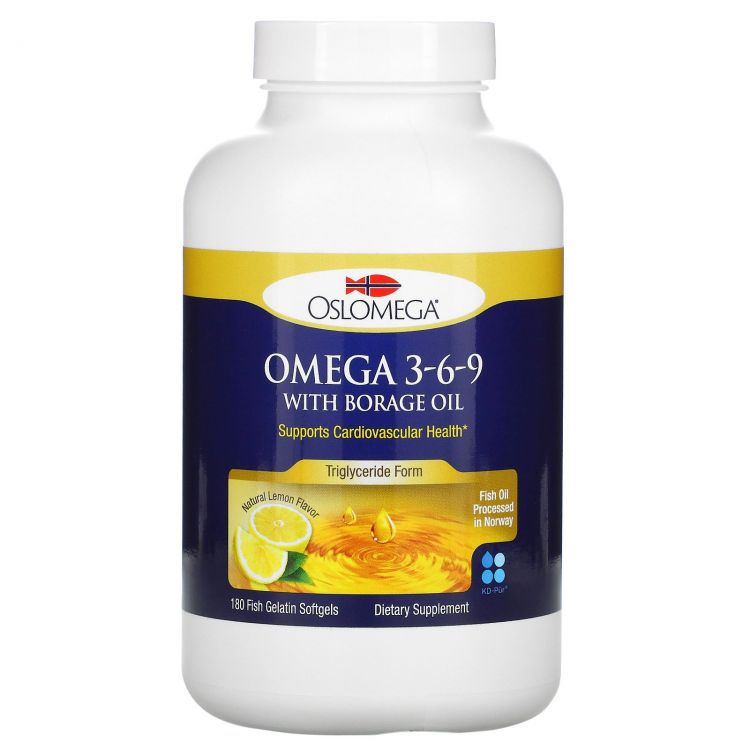 Купить Oslomega Norwegian Omega 3-6-9 with Borage Oil, Natural Lemon Flavor, 180 капсул