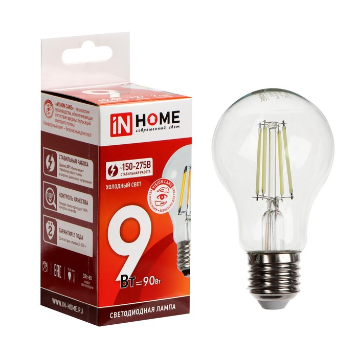 

Лампа светодиодная IN HOME LED-A60-deco, 9 Вт, 230 В, Е27, 6500 К, 810 Лм, прозрачная