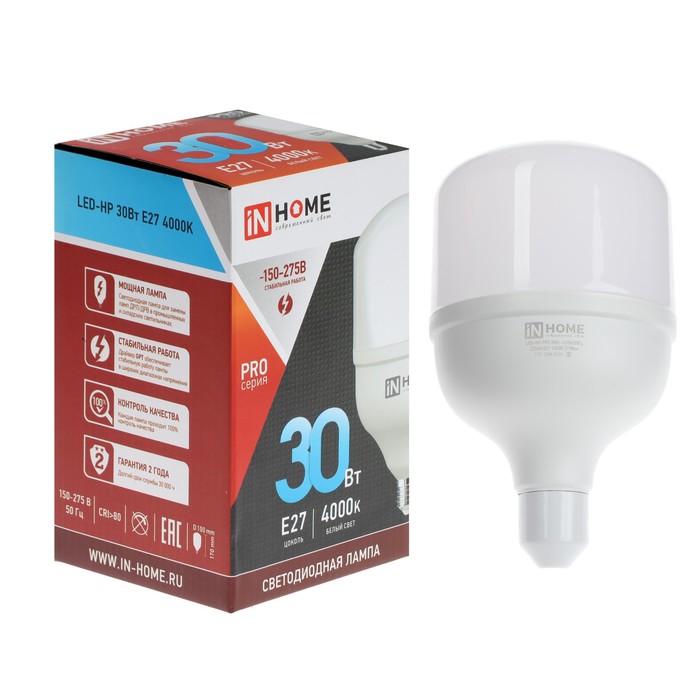 

Лампа светодиодная IN HOME LED-HP-PRO, 30 Вт, 230 В, Е27, 4000 К, 2700 Лм