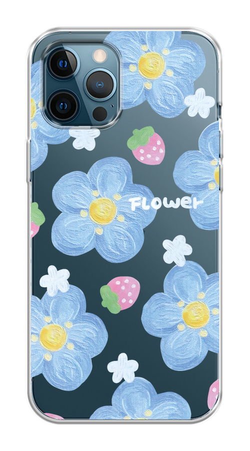 

Чехол на Apple iPhone 12 Pro Max "Цветы и клубники", Прозрачный;голубой;белый, 12750-1