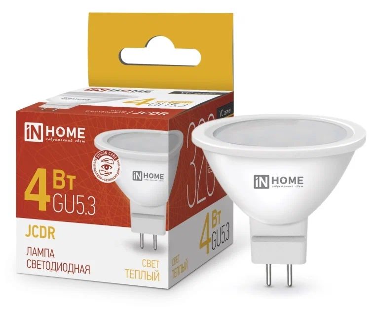 

Лампа светодиодная IN HOME LED-JCDR-VC, 4 Вт, 230 В, GU5.3, 3000 К, 320 Лм