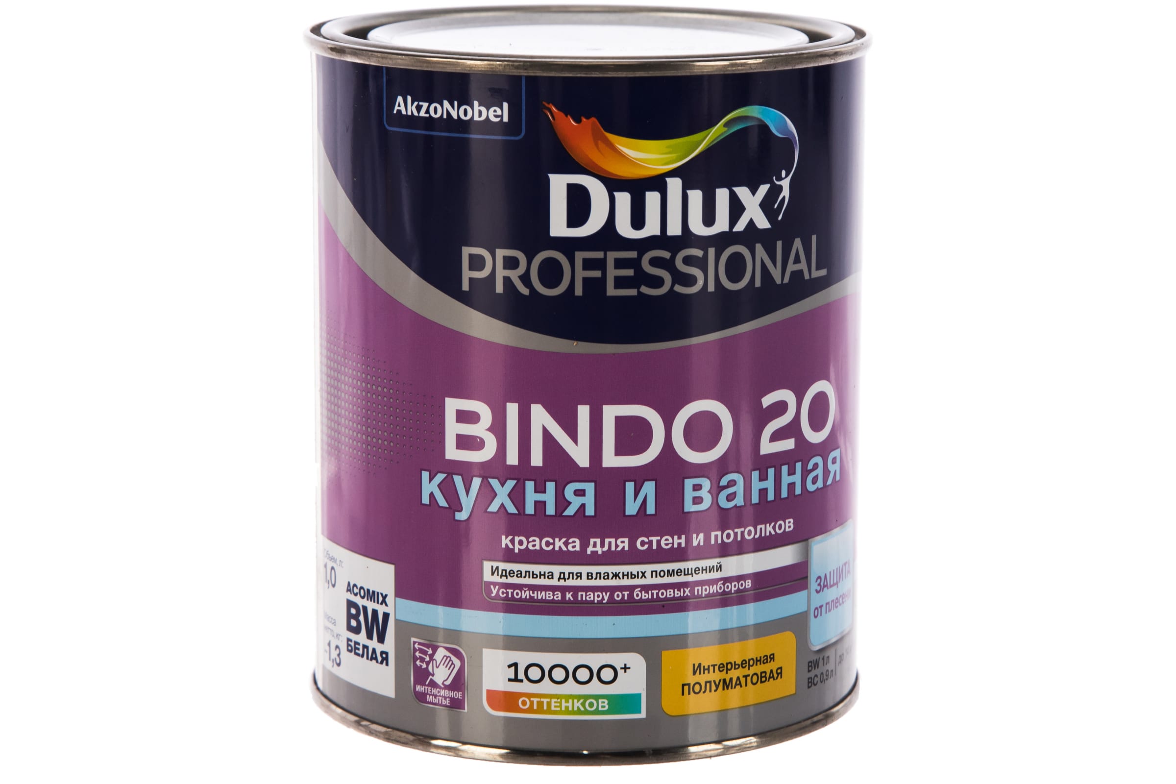 

Краска Dulux Professional Bindo для кухни и ванной латексная 20 полуматовая база BC 0,9 л, Белый