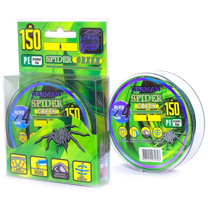 Шнур плетеный German SPIDER Green x4 150 м, 0.12 мм, зелёный, 8.5 кг