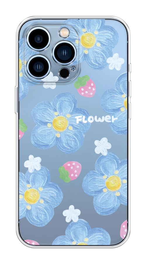 

Чехол на Apple iPhone 13 Pro "Цветы и клубники", Прозрачный;голубой;белый, 14350-1