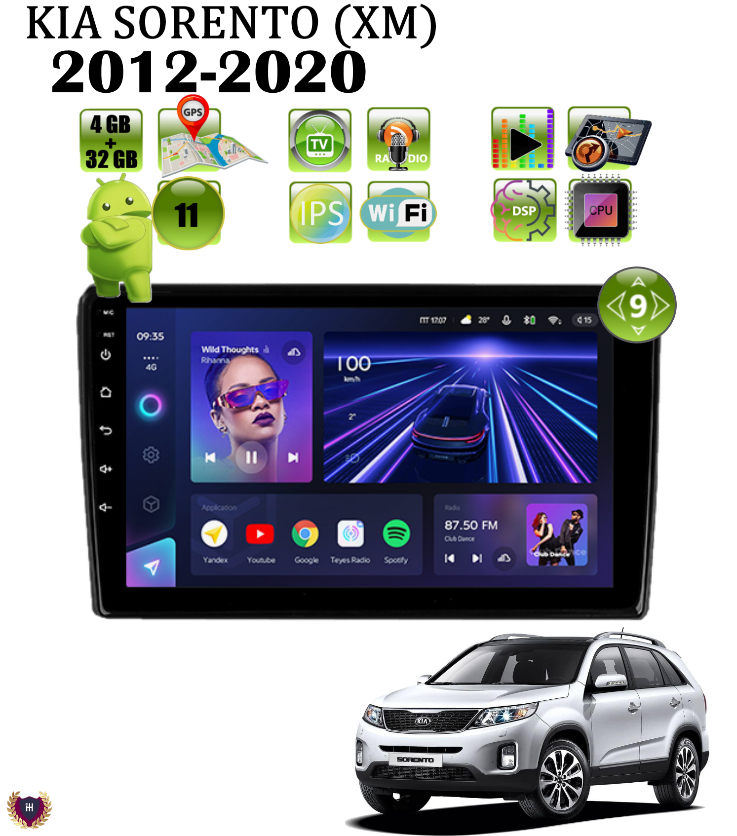 Автомагнитола Podofo для KIA Sorento (XM) (2012-2020), Android 11, 4/32 Gb, Wi-Fi