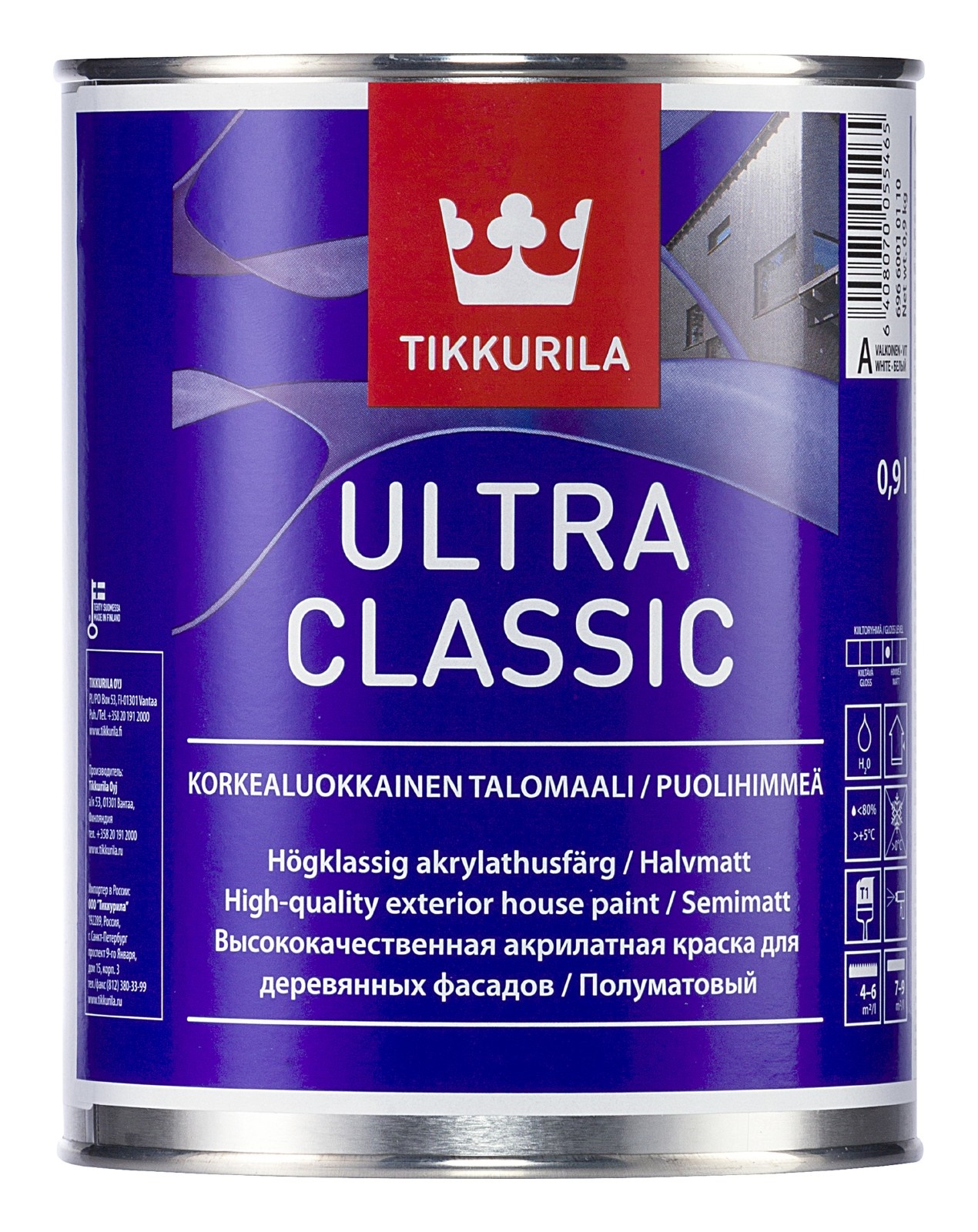 фото Краска водоэмульсионная для внешних работ tikkurila ultra classic база с бесцветная 0,9 л