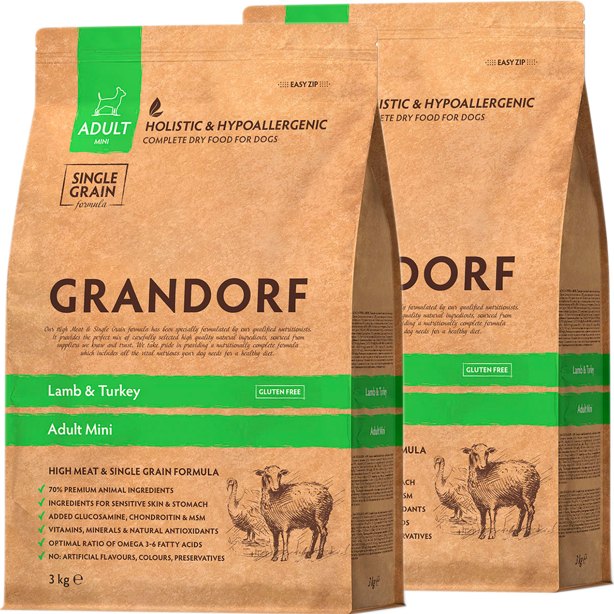 Сухой корм GRANDORF SINGLE GRAIN DOG ADULT MINI для собак ягненок и индейка 2 шт по 3 кг