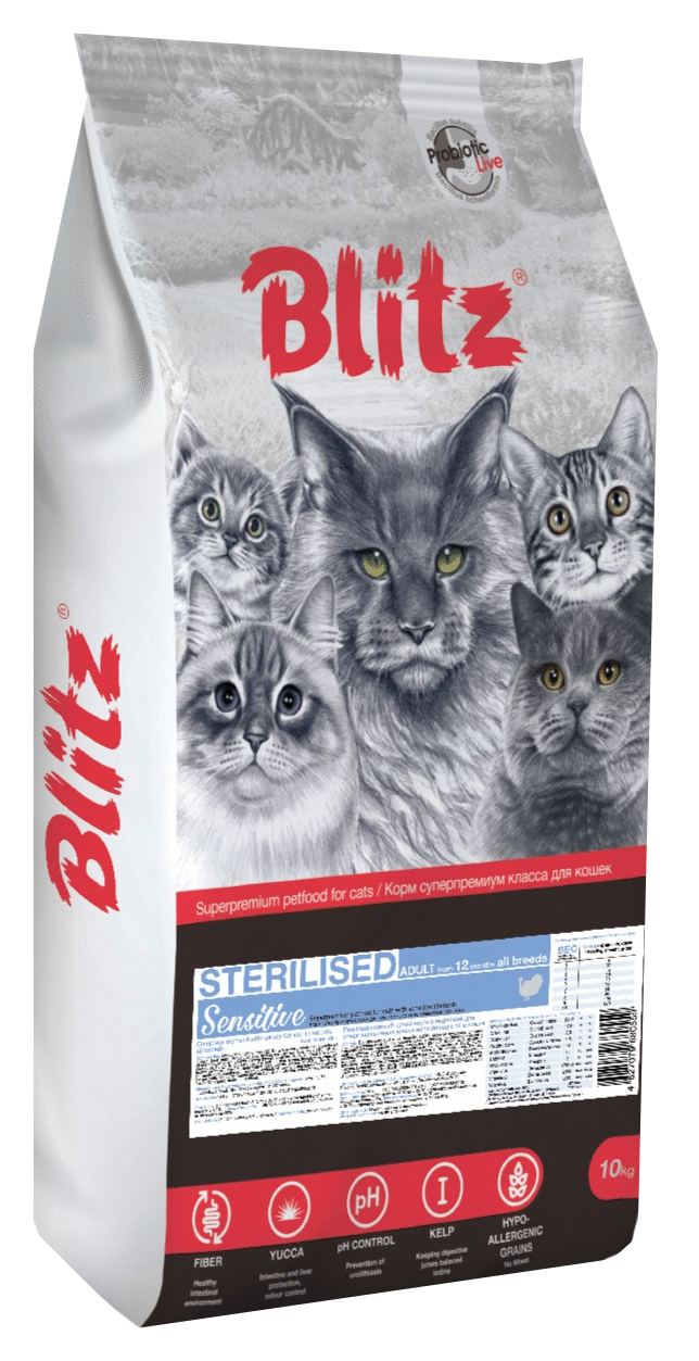 

Сухой корм для кошек Blitz Sensitive, для стерилизованных, с индейкой, 10 кг, BLITZ SENSITIVE ADULT CAT STERILISED TURKEY для взрослых кастрированных котов и стерилизованных кошек с индейкой (10 кг)