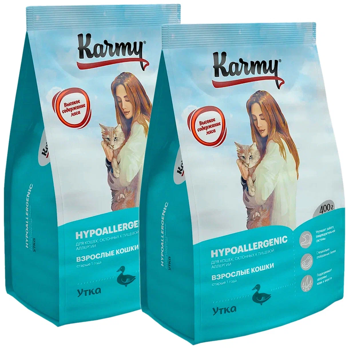 фото Сухой корм для кошек karmy hypoallergenic с уткой, 2 шт по 1,5 кг