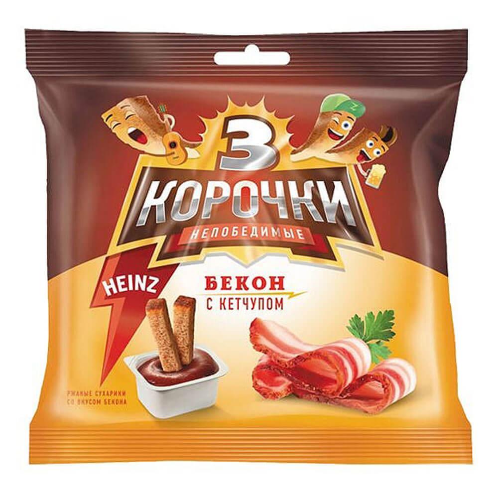 Сухарики 3 корочки ржаные, со вкусом бекона, с кетчупом Heinz, 85 г