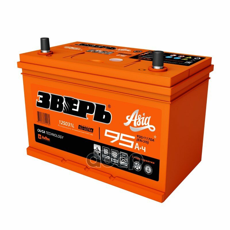 

Аккумулятор ЗВЕРЬ ASIA 95 А/ч прямая L+ 306x175x225 EN930 А ZVER ZVKA 95-3-L, ZVKA953L