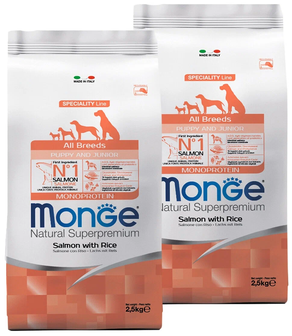 

Сухой корм для щенков всех пород Monge Speciality с лососем и рисом, 2 шт по 2,5 кг, MONGE SPECIALITY DOG PUPPY & JUNIOR SALMON для щенков всех пород с лососем и рисом (2,5 + 2,5 кг)