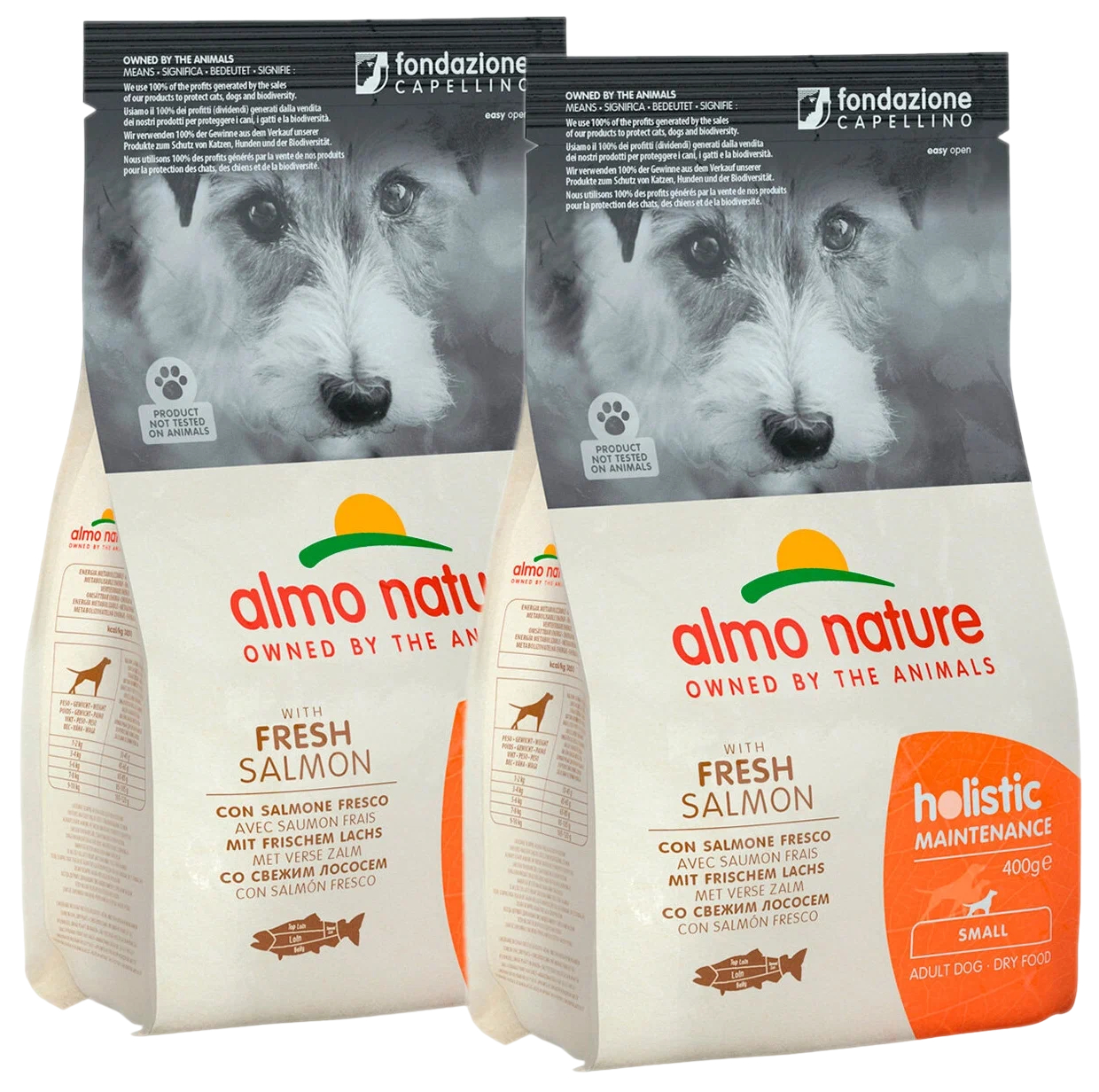 

Сухой корм для собак маленьких пород Almo Nature с лососем, 2 шт по 0,4 кг, ALMO NATURE ADULT DOG SMALL & SALMON для взрослых собак маленьких пород с лососем (0,4 + 0,4 кг)